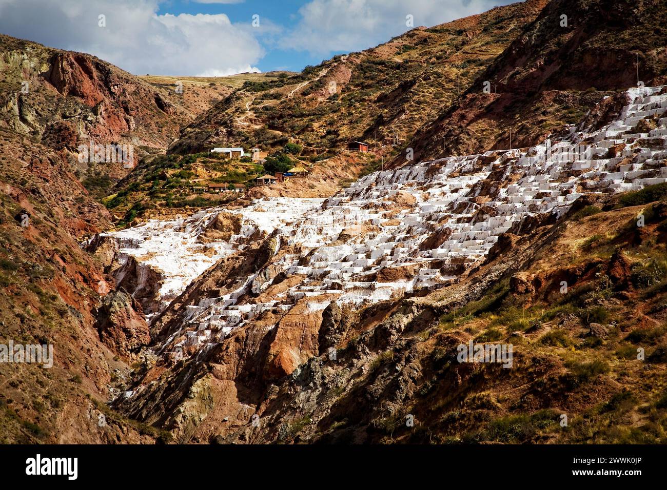 Die Salinen von Salinas de Maras produzieren natürliche Salze in den Anden Perus. Stockfoto