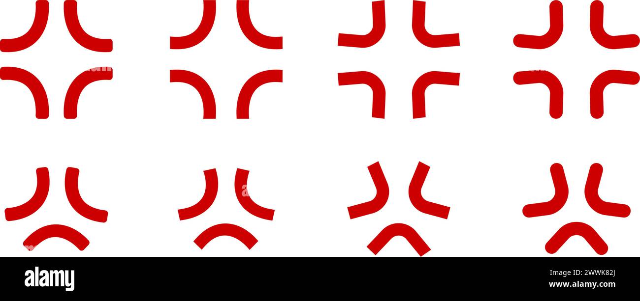 Kreuzende Symbole für die Adern. Set von Symbolen für Wut- oder Irritationseffekte in Comics im Anime- oder Manga-Stil. Wütende Emotion-Zeichentrickschilder isoliert auf weißem Hintergrund. Manpu-Piktogramme. Vektorabbildung. Stock Vektor