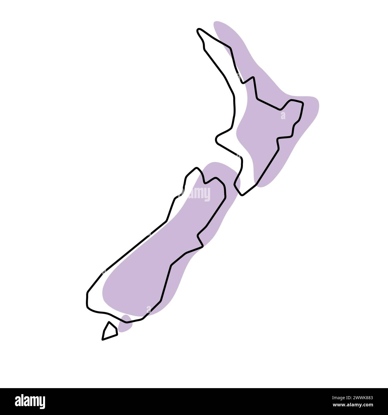 Vereinfachte Karte für das Land Neuseelands. Violette Silhouette mit dünner schwarzer glatter Kontur isoliert auf weißem Hintergrund. Einfaches Vektorsymbol Stock Vektor