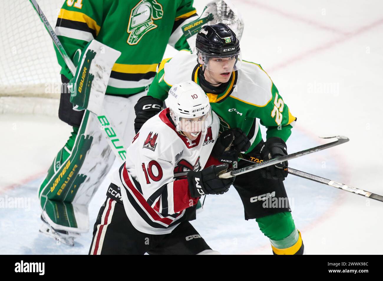 London, Kanada. März 2024. Die London Knights besiegen den Guelph Storm 3-0 im letzten Spiel der Saison 2023-2024. Jake Karabela (10) von Guelph Storm und Kaleb Lawrence (25) von London Knights kämpfen um die Positionierung. (NUR REDAKTION) Lob: Luke Durda/Alamy Live News Stockfoto