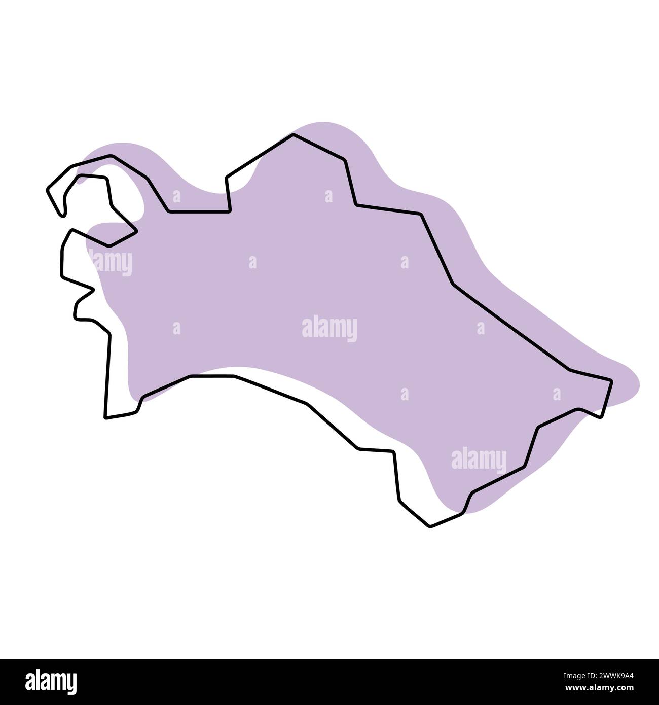 Vereinfachte Karte für Turkmenistan. Violette Silhouette mit dünner schwarzer glatter Kontur isoliert auf weißem Hintergrund. Einfaches Vektorsymbol Stock Vektor