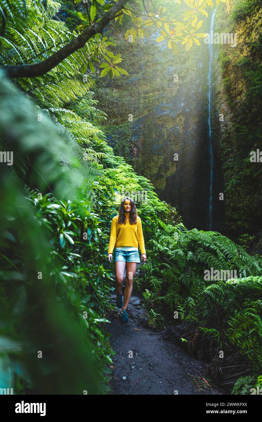 Beschreibung: Touristenfrau, die auf einem mit Farn überwucherten Pfad am malerischen, überwucherten Wasserfall im Madeiras Regenwald spaziert. Levada von Caldeirão Verd Stockfoto