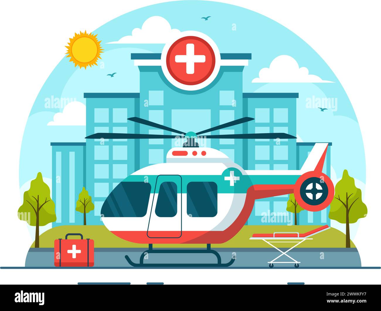 Medizinisches Fahrzeug-Krankenwagen oder Notfall-Service-Vektor-Illustration für Pick-up-Patient die Verletzten in einem Unfall in Flat Cartoon Hintergrund Stock Vektor