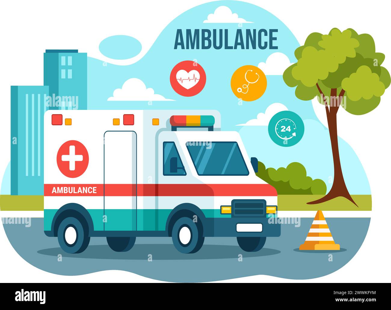 Medizinisches Fahrzeug-Krankenwagen oder Notfall-Service-Vektor-Illustration für Pick-up-Patient die Verletzten in einem Unfall in Flat Cartoon Hintergrund Stock Vektor