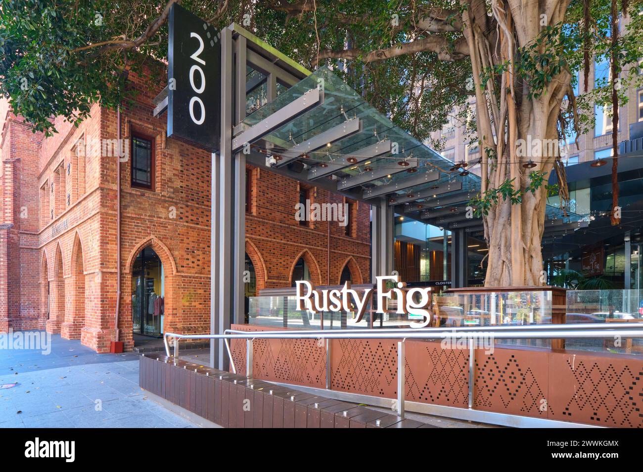 Das Rusty Fig Restaurant mit einem alten Port Jackson Feigenbaum neben dem historischen Klostergebäude, St Georges Terrace, Perth, Western Australia. Stockfoto