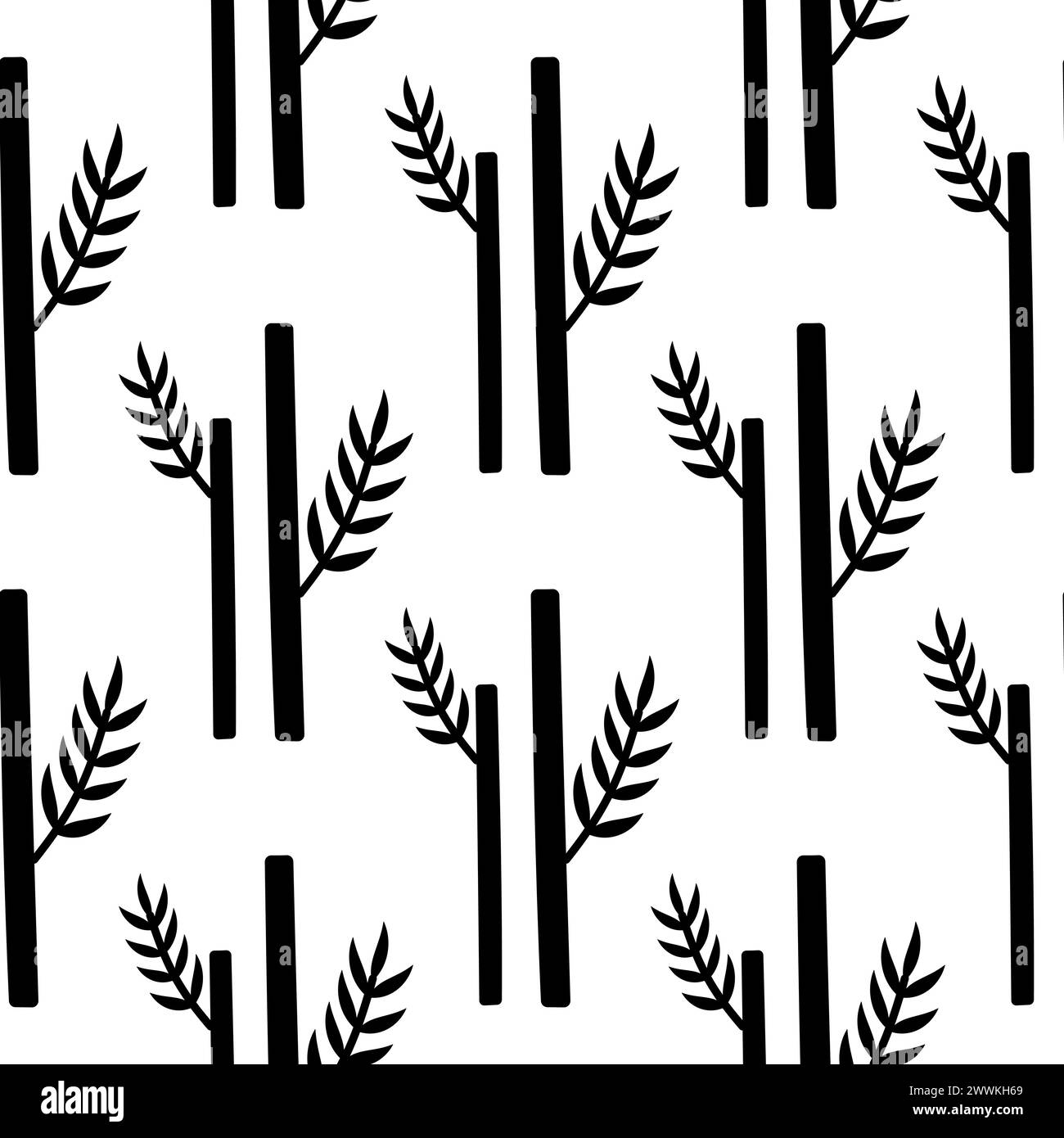 Bambusstamm mit Blättern. Nahtloses Muster. Schwarz-weiße Silhouette. Mehrjährige immergrüne Pflanze. Asiatische Baumaterialien. Chinesischer dekorativer Baum. Hand Stock Vektor