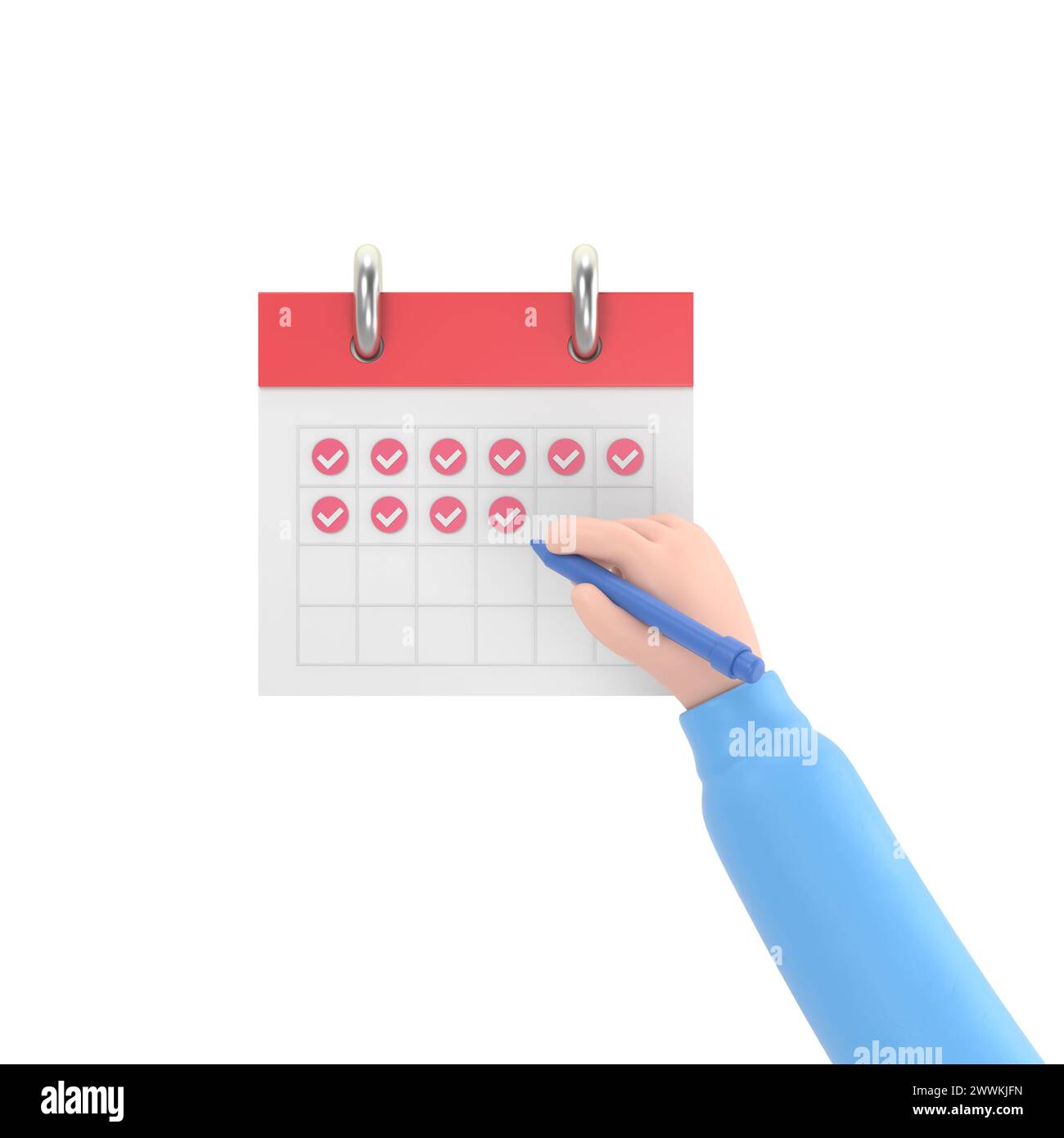 Zeichentrickgestensymbol Mockup.Geschäftsmann-Handmarke auf dem Kalender,3D-Rendering auf weißem Hintergrund. Stockfoto
