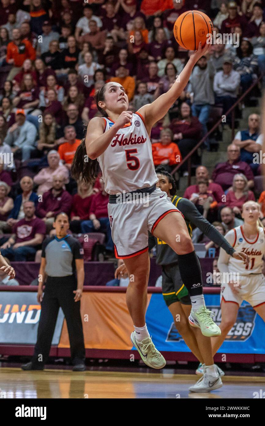 Virginia Tech's Georgia Amoore (5) shoots during the second half of a second-round college basketball game in the women's NCAA Tournament against Baylor in Blacksburg, Va., Sunday, March 24, 2024. (AP Photo/Robert Simmons) Stockfoto