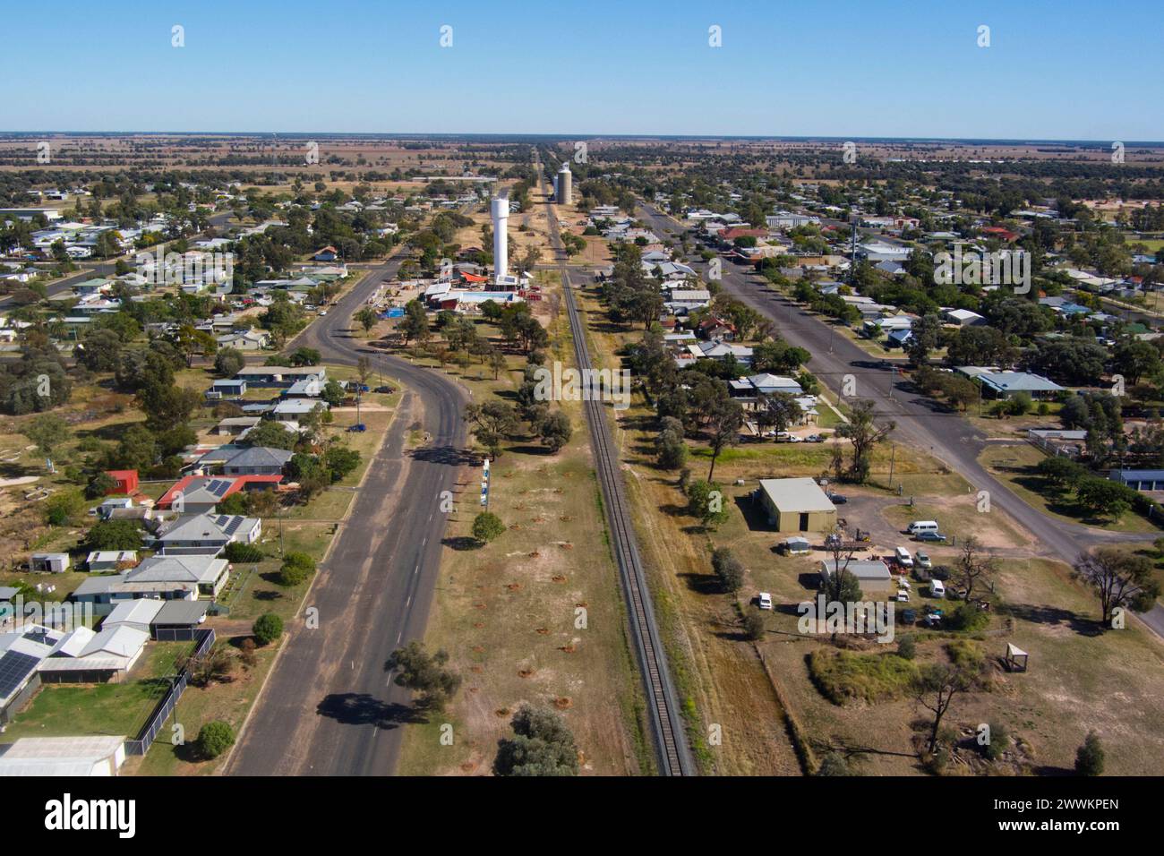 Aus der Vogelperspektive des kleinen Townships Tara Western Darling Downs Queensland Australien Stockfoto