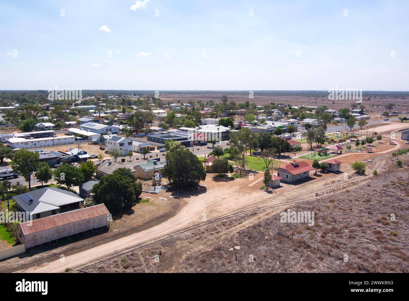 Luftlinie des abgelegenen Dorfes Dirranbandi Lower Western Queensland Australia Stockfoto