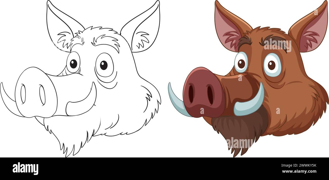 Zwei Schweinebilder, eine farbige und eine Strichgrafik. Stock Vektor