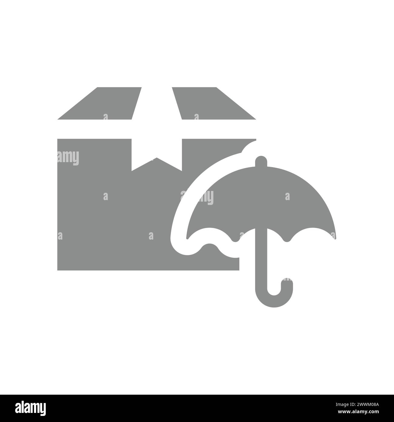 Vektorsymbol für Liefer- und Versandversicherung. Paket, Paket oder Kiste mit Regenschirm-Symbol. Stock Vektor