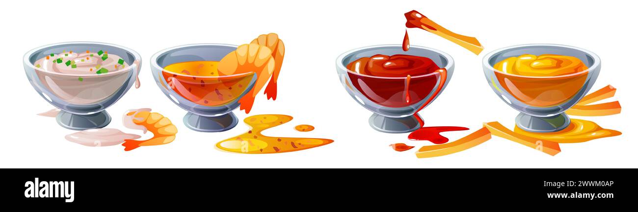 Ketchup und Käse Dip Sauce Schüssel mit Garnelen und französisch gebratenen Vektor Symbol. Rote Tomaten und Senf Vorspeise Creme Tasse für Kartoffeln oder mexikanische Snacks. Pommes Garnelengericht mit Mousse zum Mittagessen auf der Speisekarte Stock Vektor