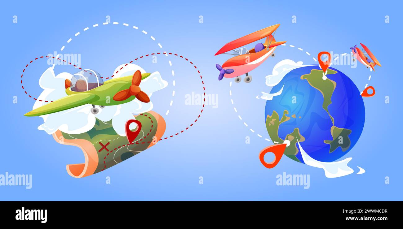 Reise um die Welt Set - niedliches Kinderflugzeug, das über den Globus fliegt, und Papier-Karte mit Routenlinie und Pins für Ziel auf blauem Hintergrund mit Wolken. Cartoon-Vektor-Satz der weltweiten Reise und Reise. Stock Vektor