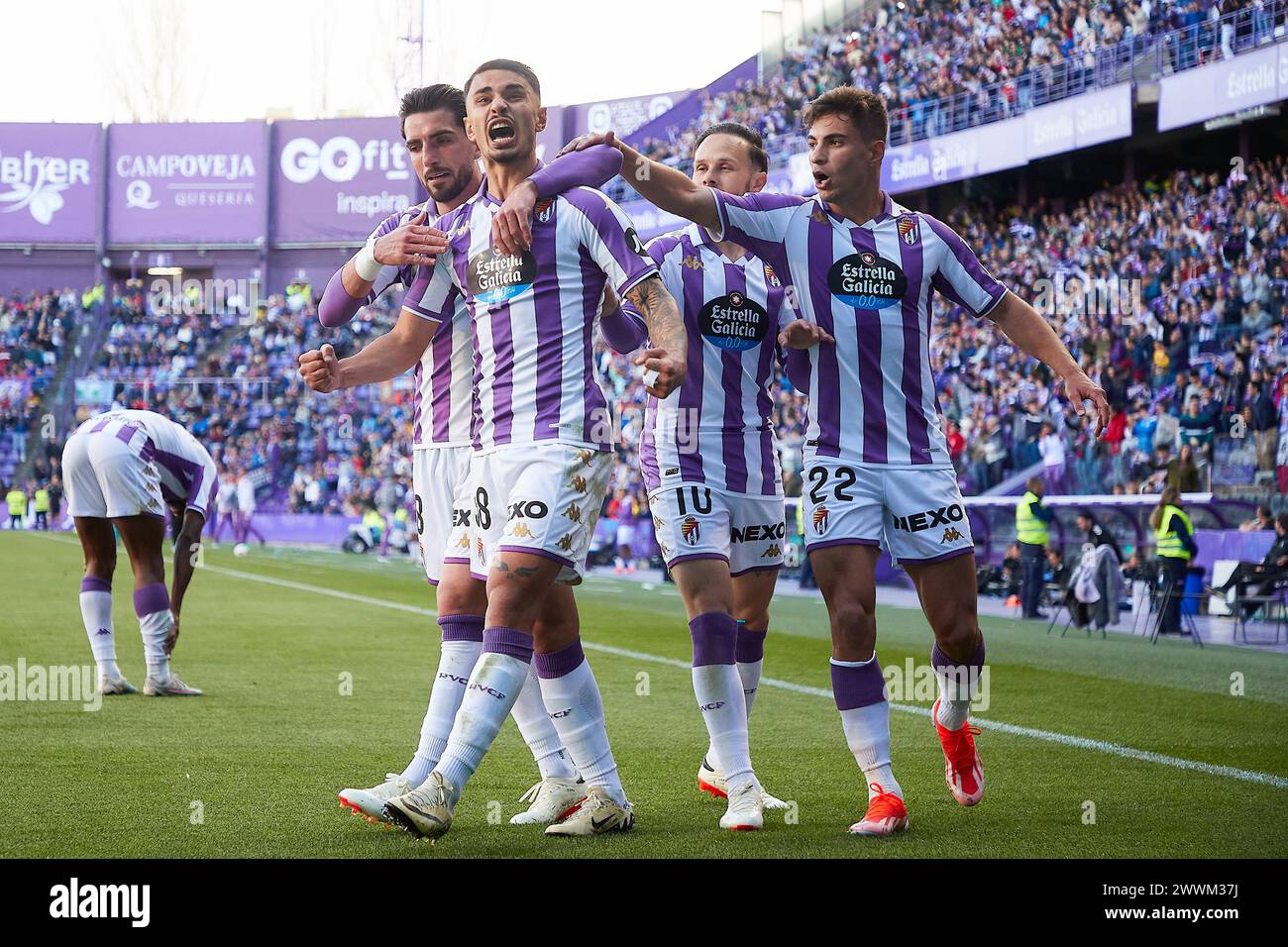 Valladolid, Spanien. März 2024. Israel Salazar (C) von Real Valladolid feiert sein Tor gegen SD Eibar mit Ramon Rodriguez, bekannt als Moncho (L) von Real Valladolid, Ivan Sanchez (1R) von Real Valladolid und Lucas Rosa (2R) von Real Valladolid während des Fußballspiels der LaLiga Hypermotion Woche 2023/24 zwischen Real Valladolid und SD Eibar im Jose Zorrilla Stadium 32. Ergebnis: Real Valladolid 3: 1 SD Eibar Credit: SOPA Images Limited/Alamy Live News Stockfoto