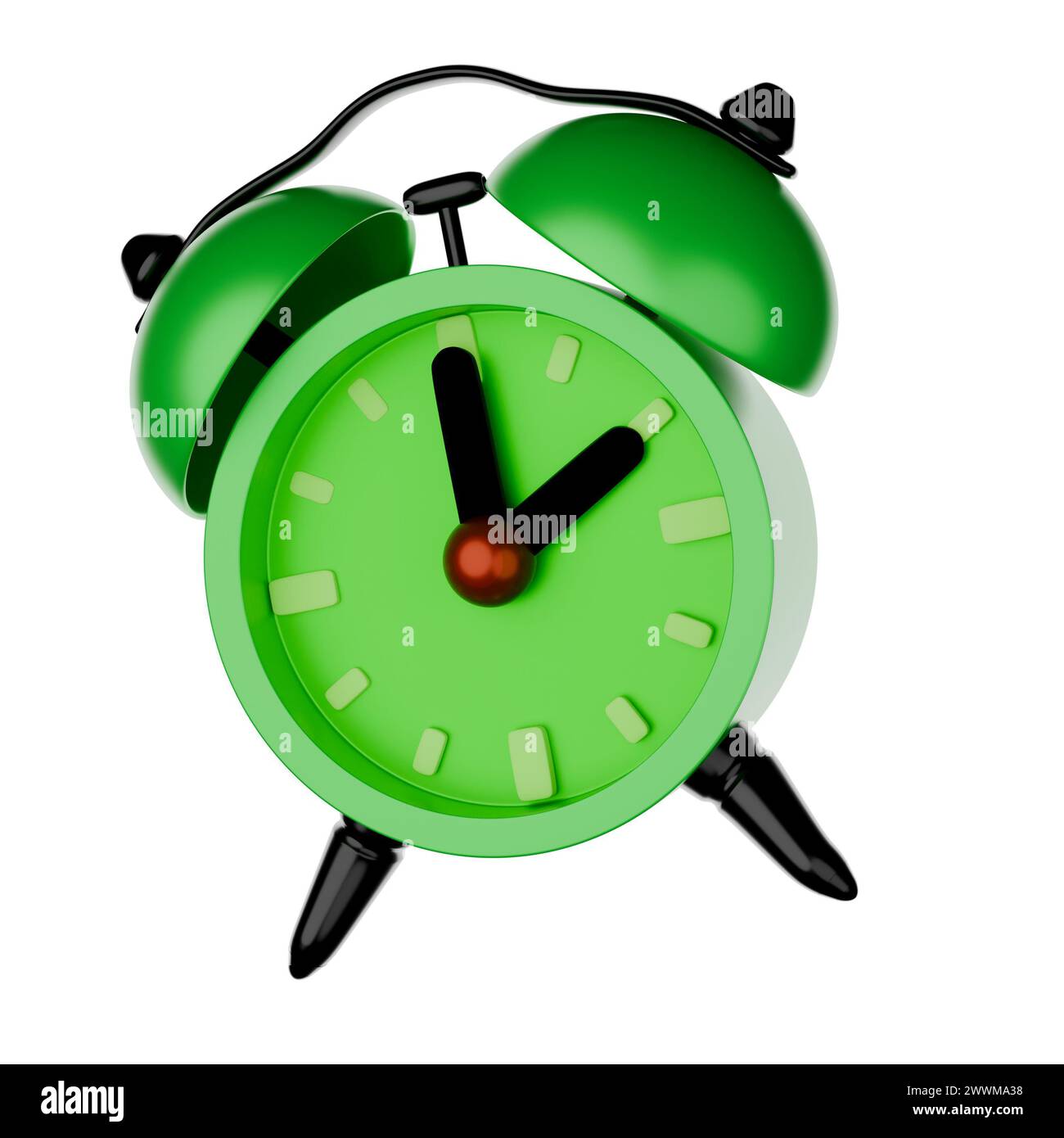 Grüner Wecker, Zeichentrickstil, 3D-Rendering auf weißem Hintergrund haben Arbeitspfad. Zeit 2 Uhr. Stockfoto