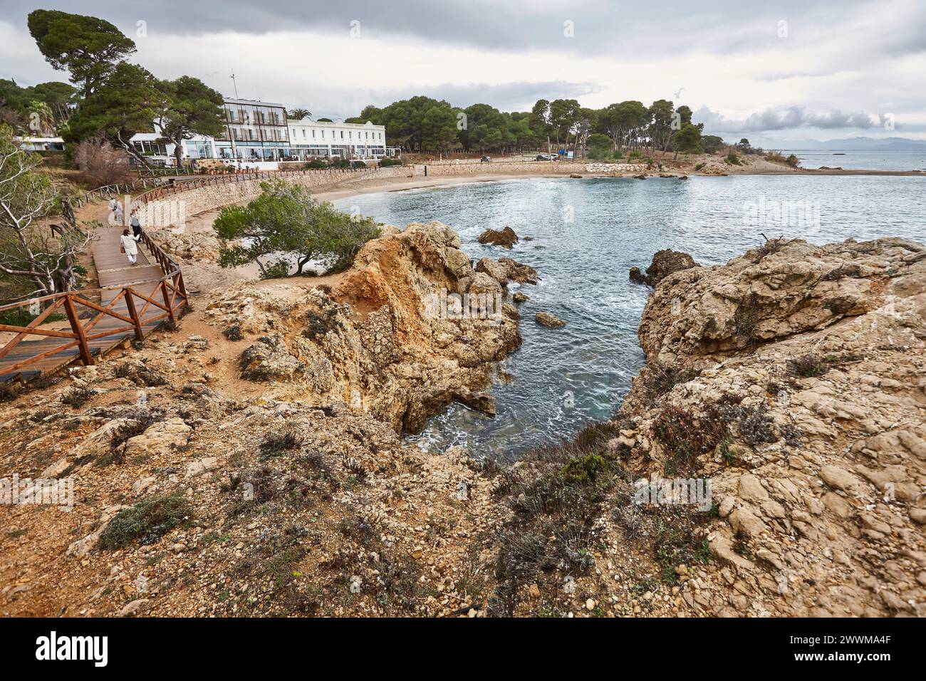 Mittelmeerküste an der Costa Brava. Portitxol Beach. Empuries, Girona. Spanien Stockfoto