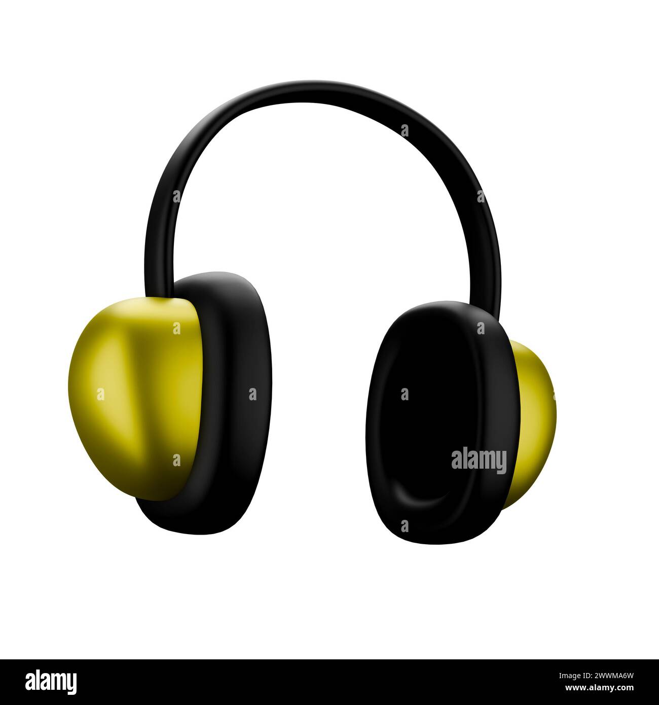 Kabellose Kopfhörer im Zeichentrickstil, gelbes 3D-Rendering auf weißem Hintergrund, haben Arbeitspfad. Stockfoto