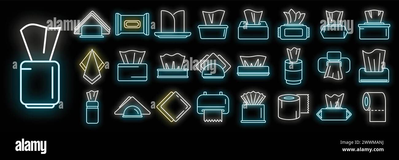 Gewebesymbole legen den Konturvektor fest. Seidentuch. Gewebepapier Neonfarbe auf Schwarz Stock Vektor