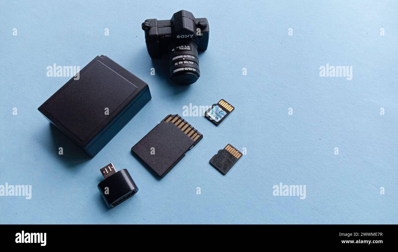 Wadaslintang, 24. Februar 2021, Fotospeicherkarte, Maus, Flash-Disk, Kamera-Akku, SD-Karte in schwarzer Speicherkarte, Maus, Blitz, Kamera-Akku, SD c Stockfoto