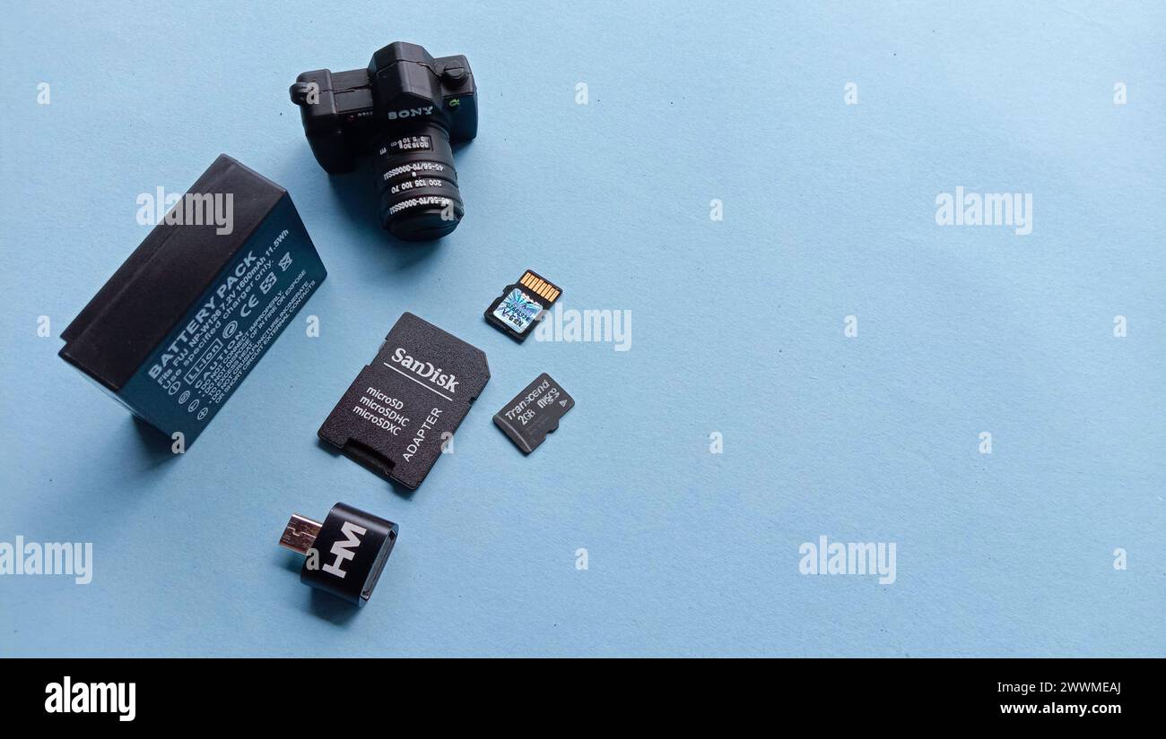 Wadaslintang, 24. Februar 2021, Fotospeicherkarte, Maus, Flash-Disk, Kamera-Akku, SD-Karte in schwarzer Speicherkarte, Maus, Blitz, Kamera-Akku, SD c Stockfoto
