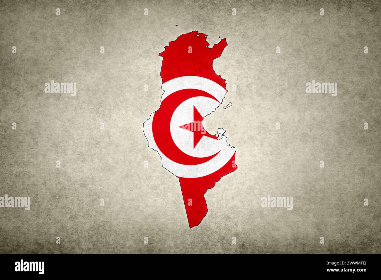 Grunge-Karte von Tunesien mit der Flagge innerhalb der Grenze auf einem alten Papier gedruckt. Stockfoto
