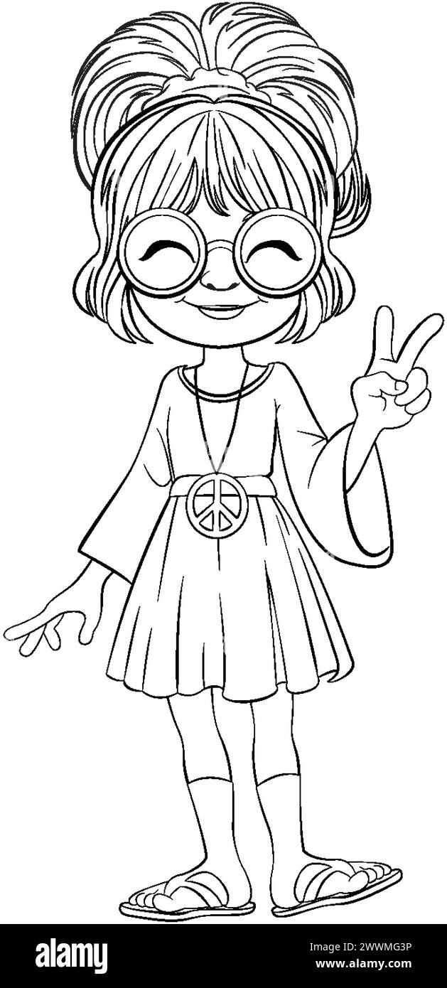 Cartoon-Mädchen in Vintage-Kleid mit Friedenszeichen. Stock Vektor