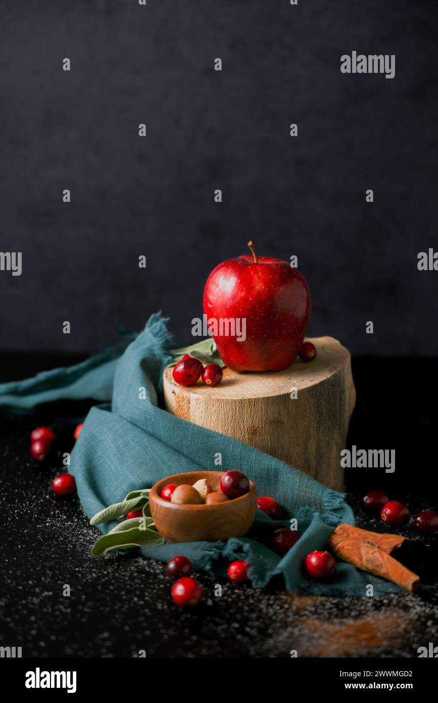 Apfel Zimt Apfel auf Baumstumpf trinken Preiselbeeren Äpfel Heißgetränk Stockfoto