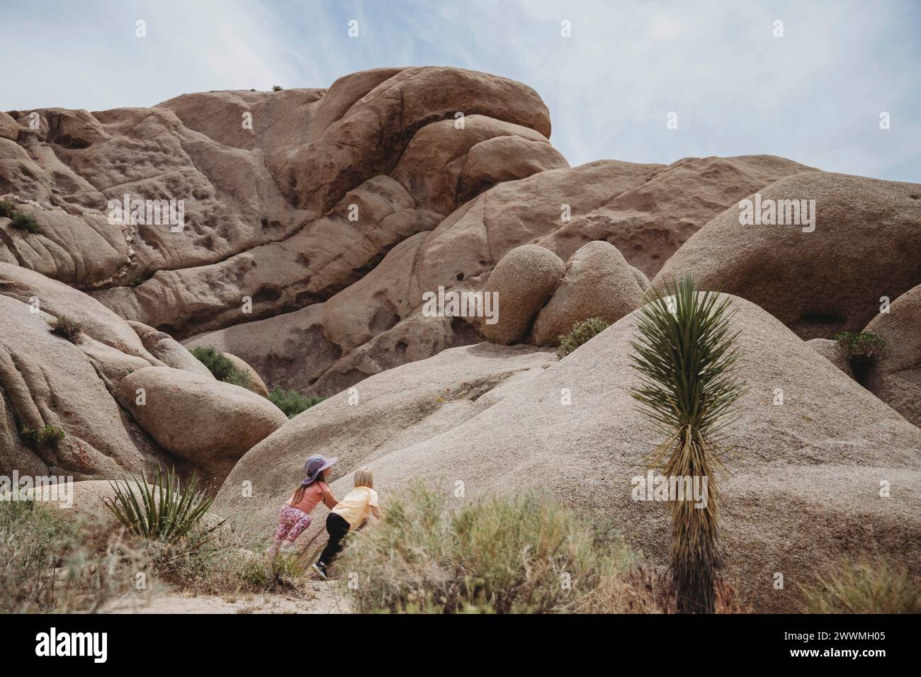 Zwei Kinder starren auf hohe Felsen im Joshua Tree Stockfoto