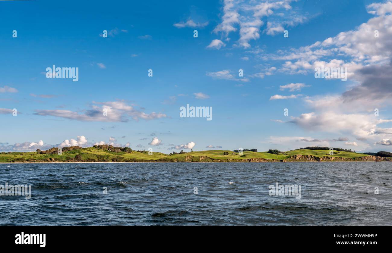 Küste mit hügeliger Landschaft und Klippen in der Nähe von Ballebjerg, Insel Samsø, Midtjylland, Dänemark Stockfoto