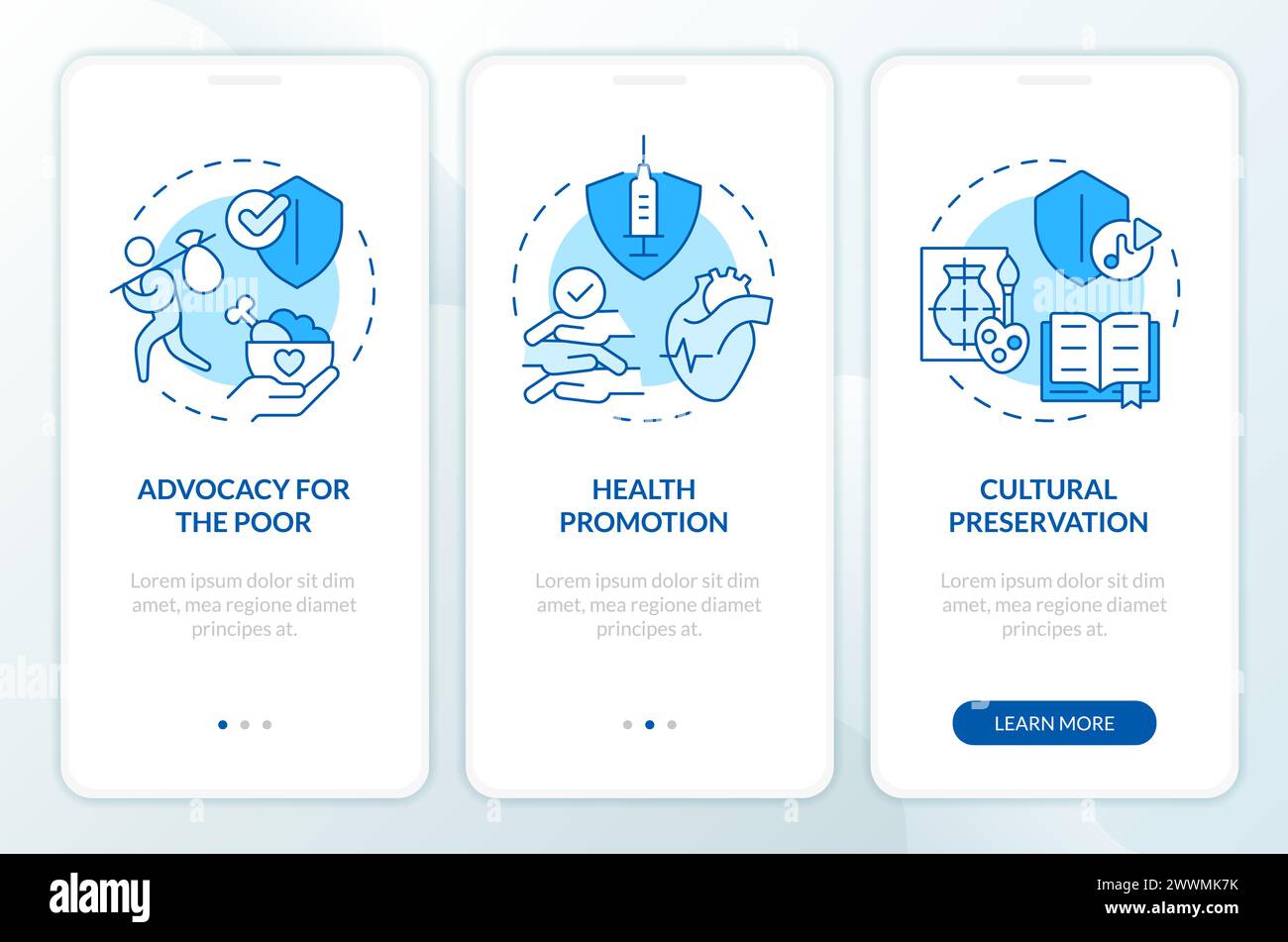 Rollen von NRO Blue Onboarding Mobile App Screen Stock Vektor