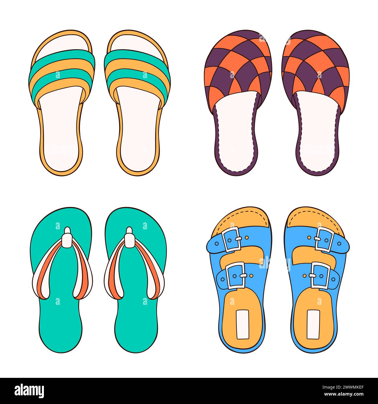 Herrenschuhkollektion für Sommer und Zuhause im Cartoon-Stil. Flache, skizzierte Freizeitschuhe für Männer. Vektorillustration auf weißem Hintergrund isoliert. Stock Vektor