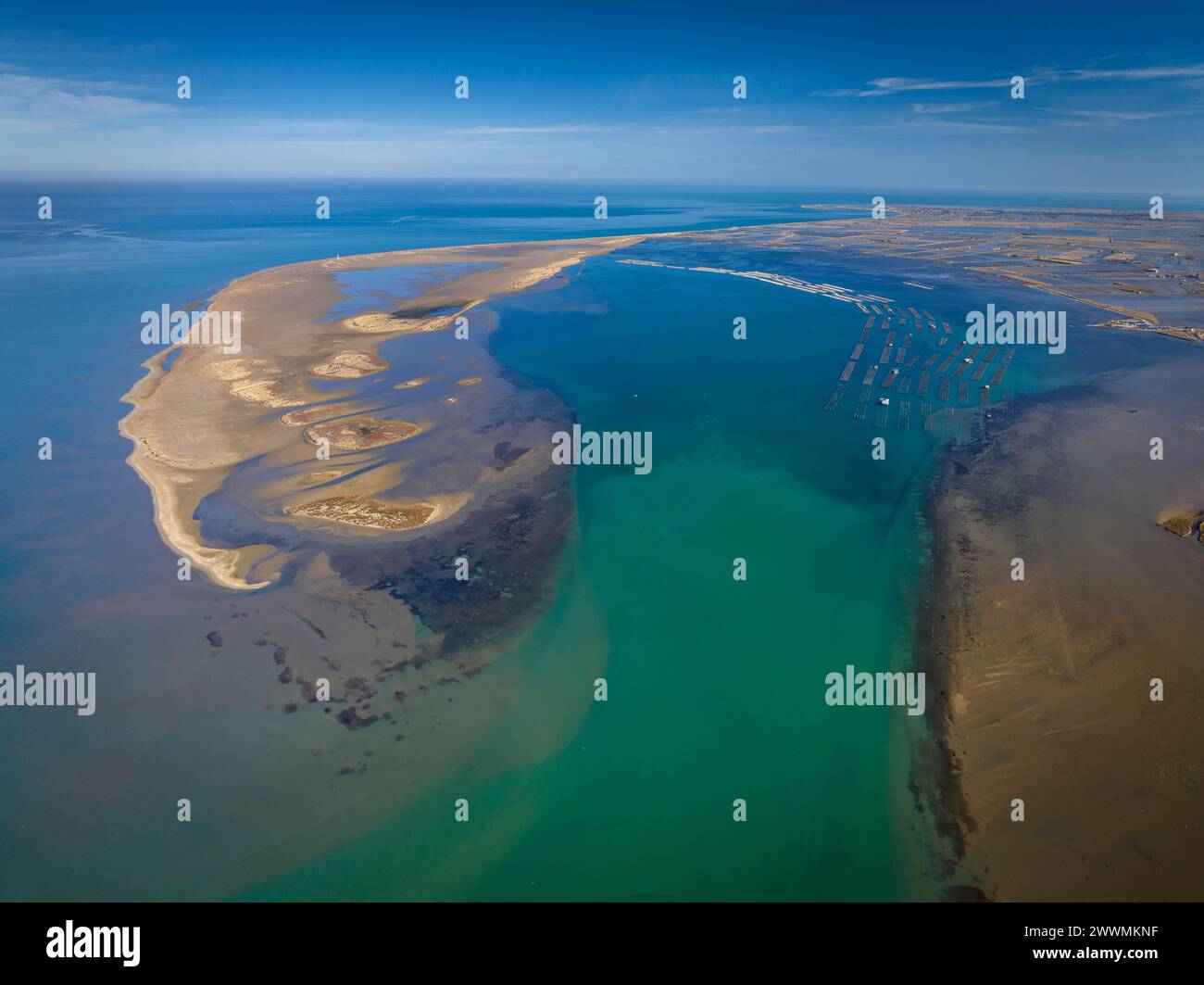 Aus der Vogelperspektive des Fangar Point und der Bucht (Punta del Fangar und Badia del Fangar), im Ebro-Delta (Tarragona, Katalonien, Spanien) Stockfoto