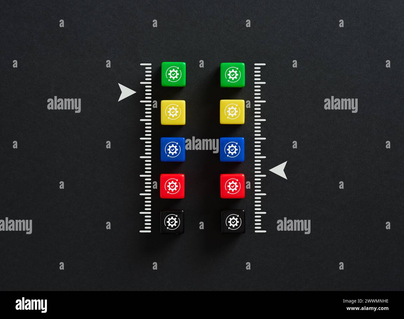 Füllstandsanzeige zur Messung des Produktivitätsniveaus. Vergleich von Unternehmenseffizienz oder Produktionssystemen. Stockfoto