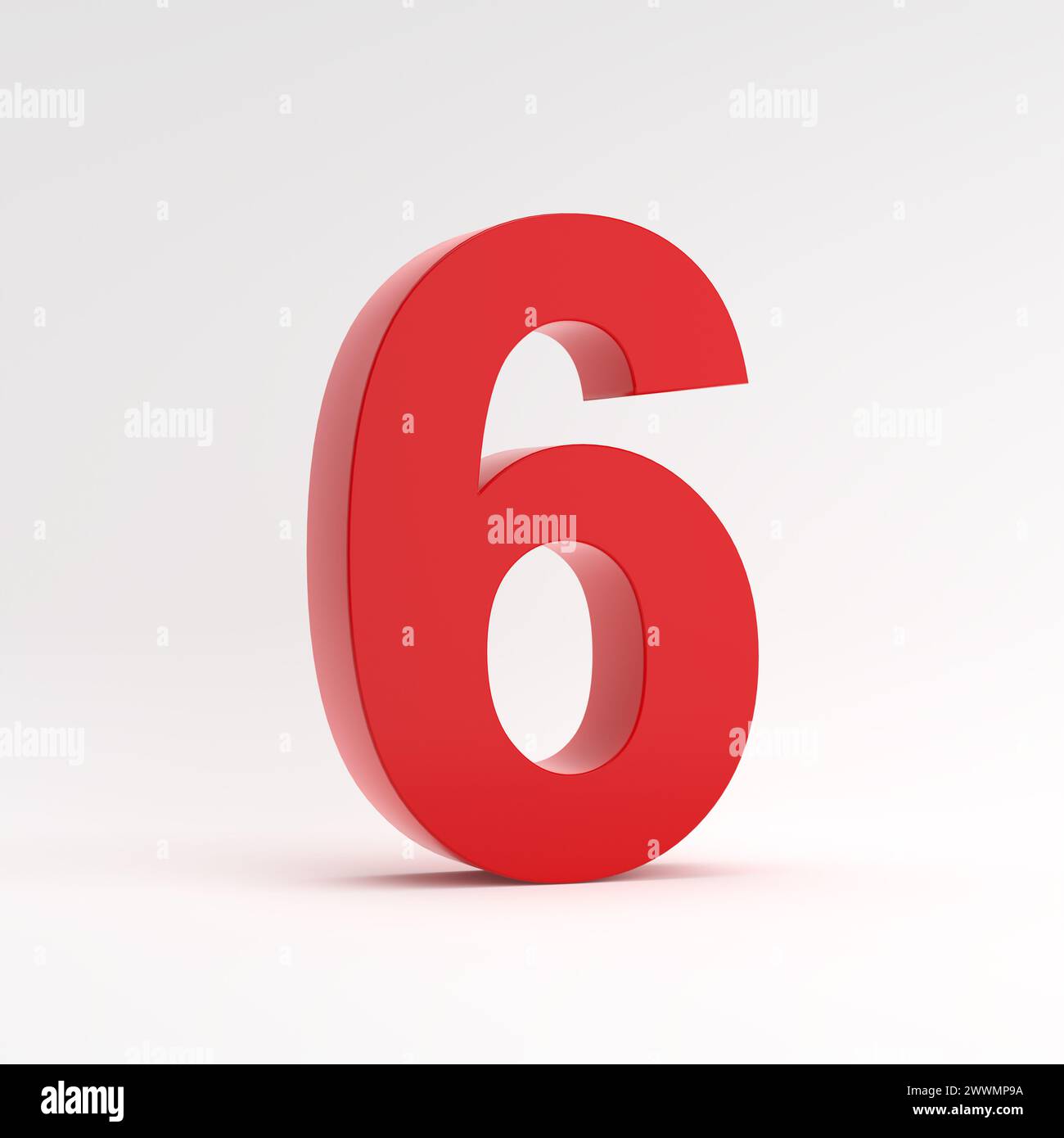 Rote Nummer sechs 6 auf weißem Hintergrund. 3D-Rendering. Stockfoto