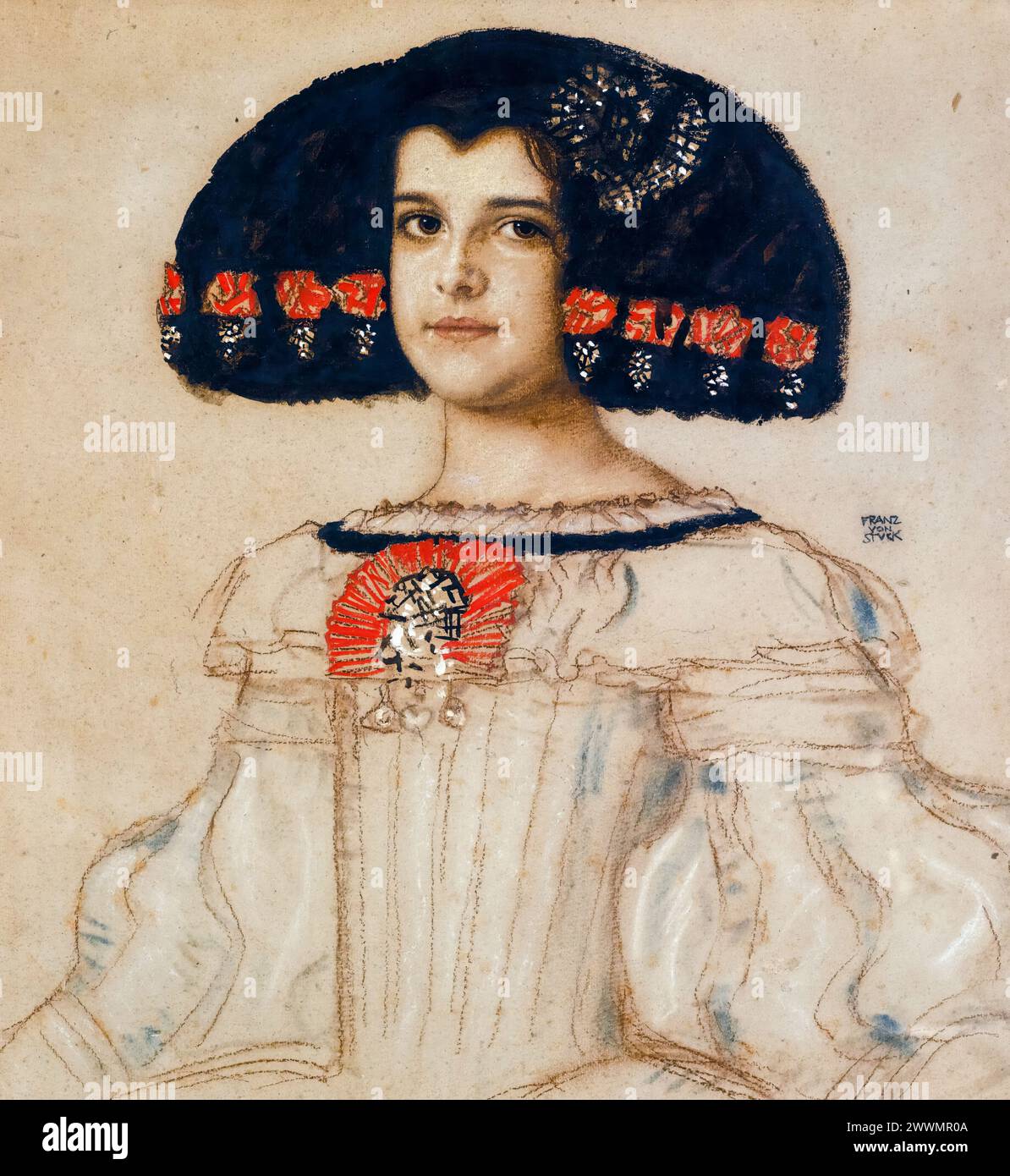 Maria steckte die Tochter des Künstlers in Velasquez-Kleid, Porträtzeichnung in gemischten Medien an Bord von Franz von Stuck, um 1908 Stockfoto