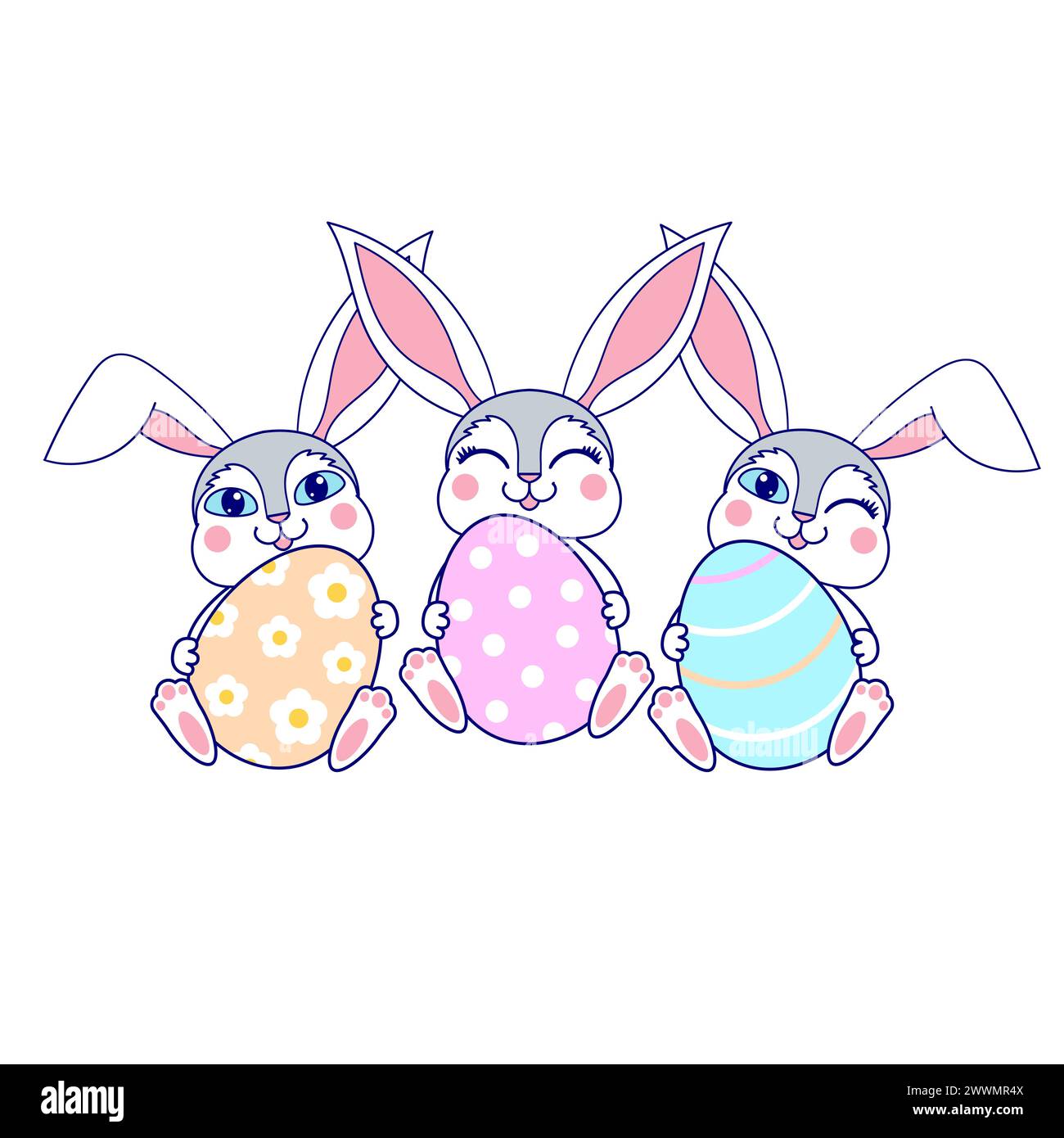Drei süße weiße Osterhasen halten bunte Ostereier. Isolierte Objekte auf weißem Hintergrund. Für die Gestaltung von Osterkarten, Drucken, Post Stock Vektor