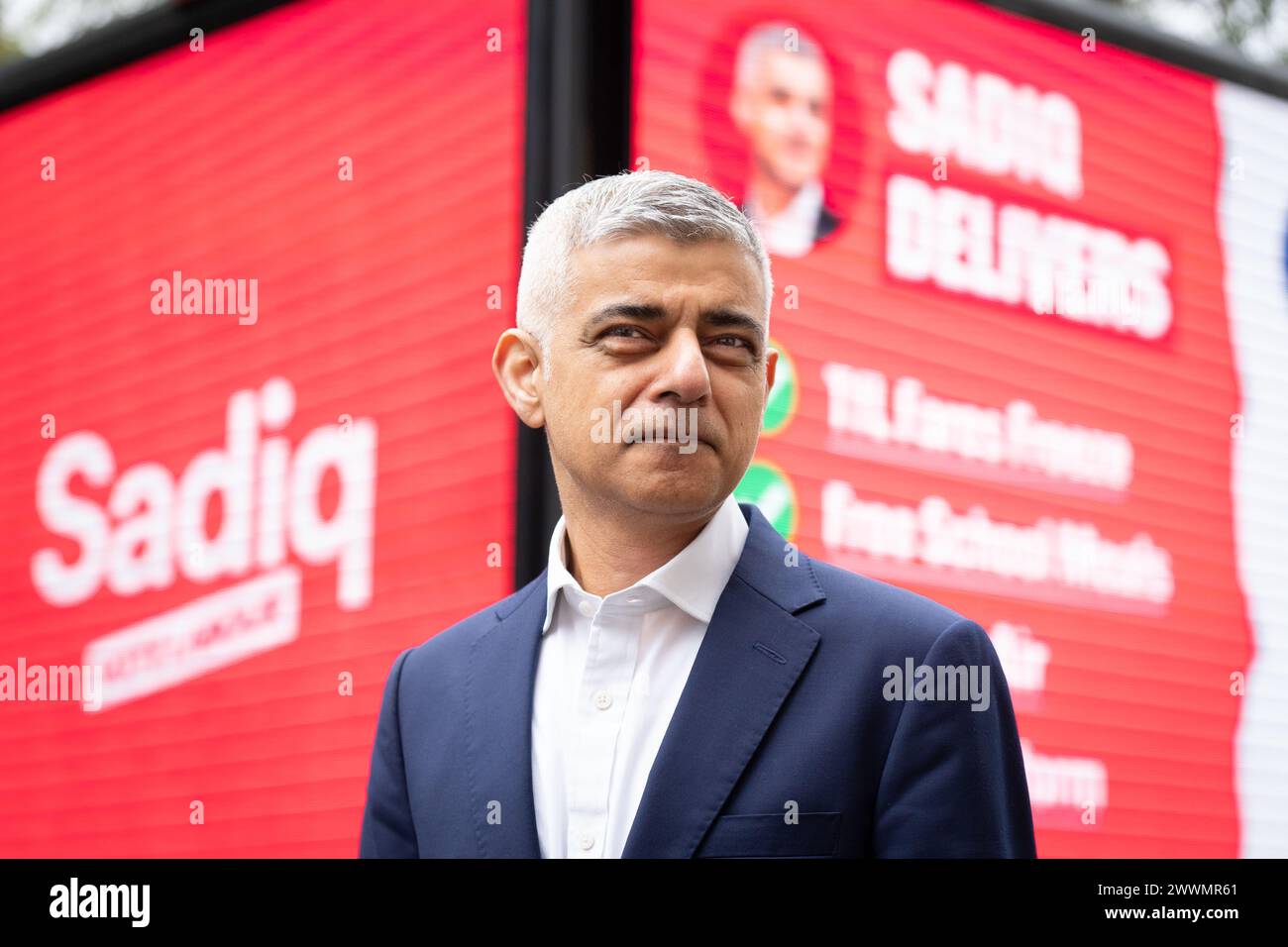 Der Bürgermeister von London Sadiq Khan bei der Eröffnung einer Plakatkampagne für die Londoner Bürgermeisterwahl im Zentrum von London. Bilddatum: Montag, 25. März 2024. Stockfoto