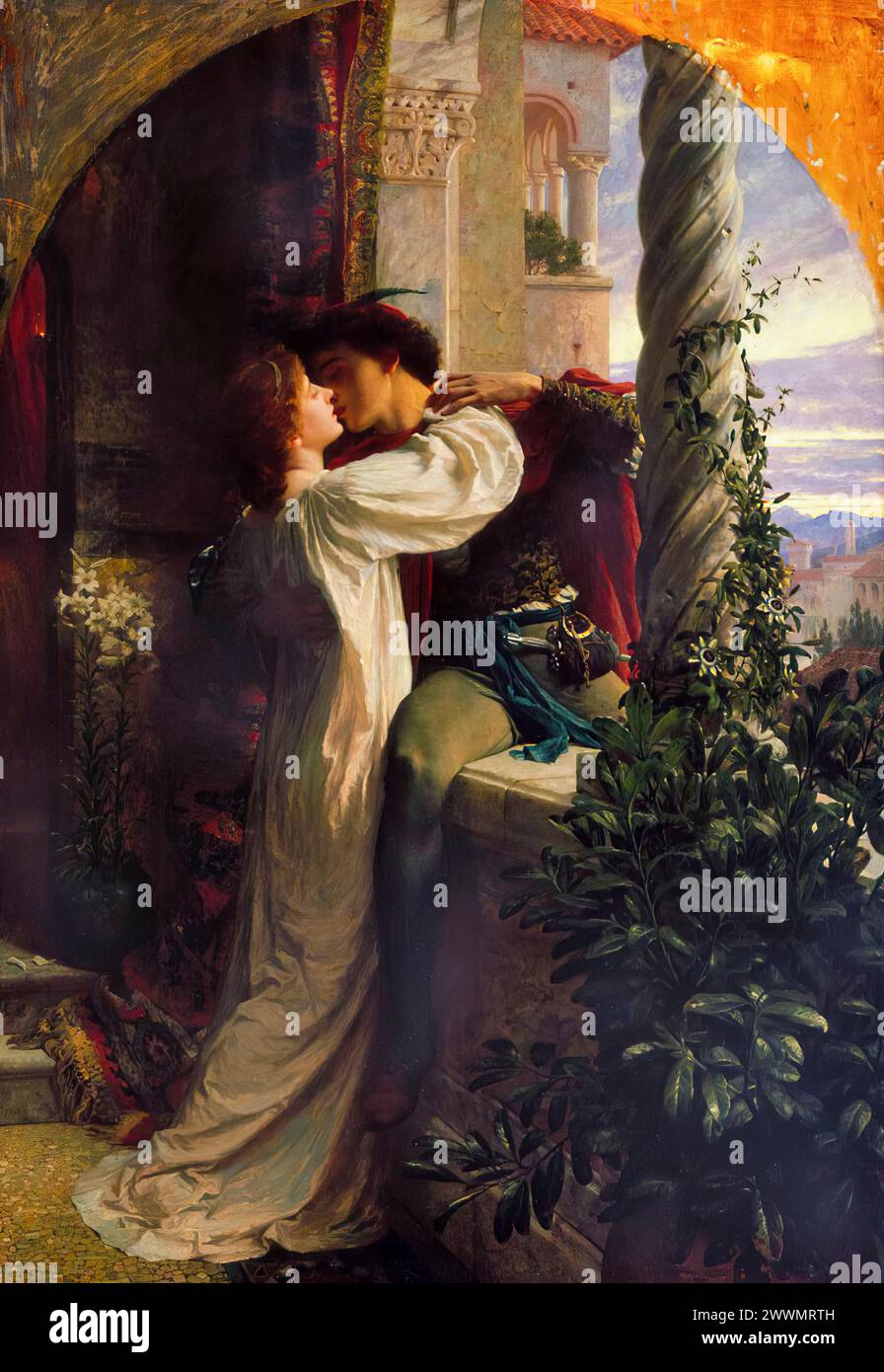 Romeo und Julia, Balkonszene, Ölgemälde auf Leinwand von Frank Dicksee, 1884 Stockfoto