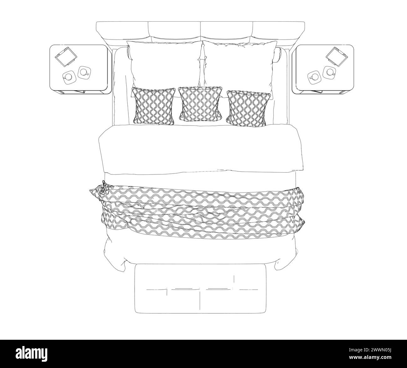 Symbol für handgezeichnetes Bett im Vektor. Umriss eines Schlafbettes mit einer ungebauten Decke und Kissen aus schwarzen Linien isoliert auf weißem Hintergrund. Ansicht von Stock Vektor