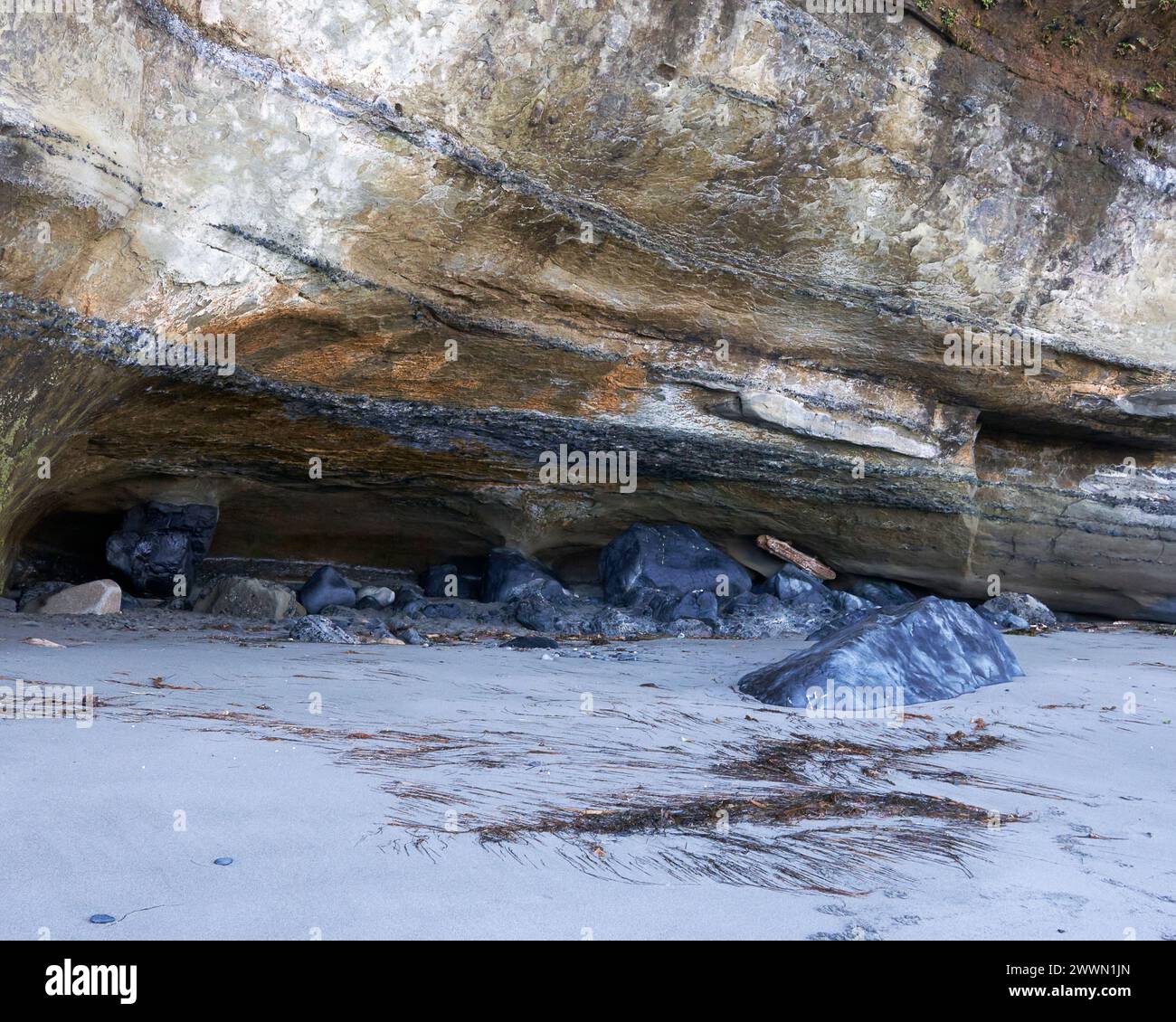 Blick in eine kleine Höhle, die durch Wellenbewegung in den Boden einer farbenfrohen orangen Meeresklippe geschnitten wird. Stockfoto