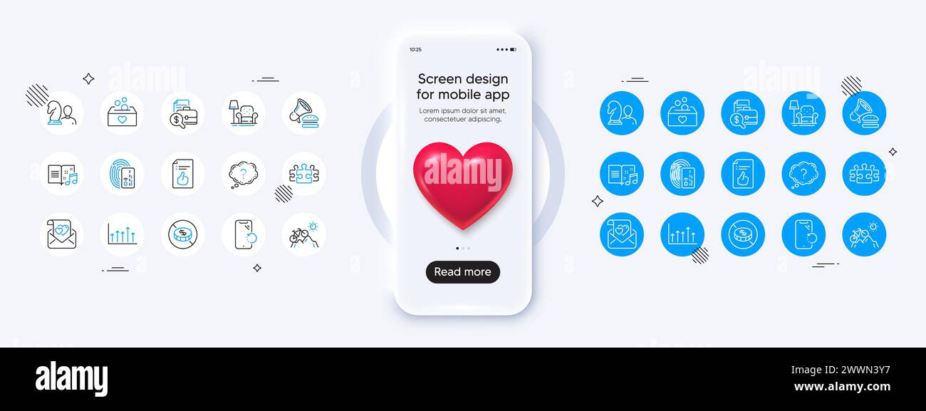 Sessel, Symbole für „kein Geld“ und „Wachstumsdiagramm“. Für Web-App drucken. Modell des Telefons mit 3D-Herz-Symbol. Vektor Stock Vektor