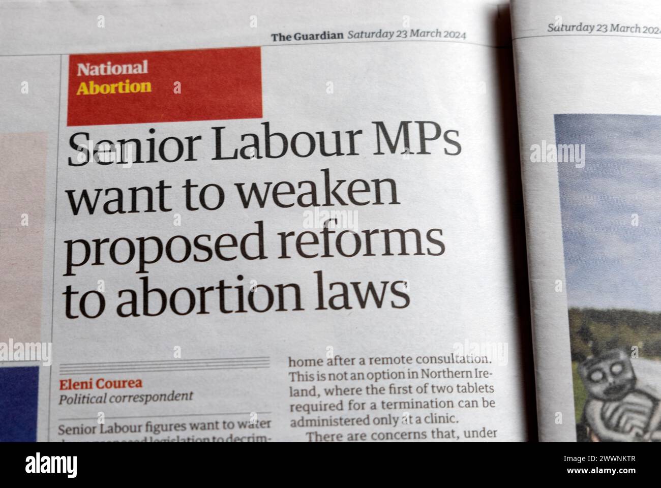 "Senior Labour-Abgeordnete wollen vorgeschlagene Reformen der Abtreibungsgesetze schwächen" Guardian-Zeitung Headline Abtreibungsgesetz artikel 23 März 2014 London England Vereinigtes Königreich Stockfoto
