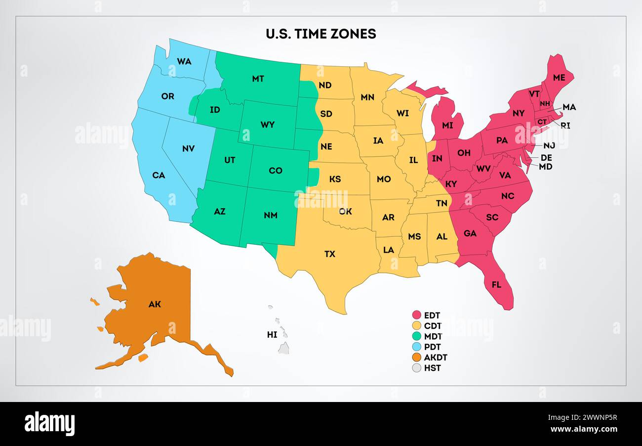 Infografik der Zeitzonen der USA. Farbenfrohe Geographie-Zeitzonen der Vereinigten Staaten von Amerika. Abbildung des Materialvektors Stock Vektor