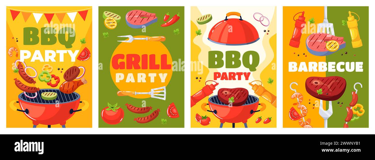 Plakate für Barbecue-Elemente in Zeichentrickfilmen. BBQ-Wochenendkarten, Familien-Sommer-Picknick, Outdoor-Cooking-Event, gegrilltes Fleisch und Gemüse, Grillparty Stock Vektor