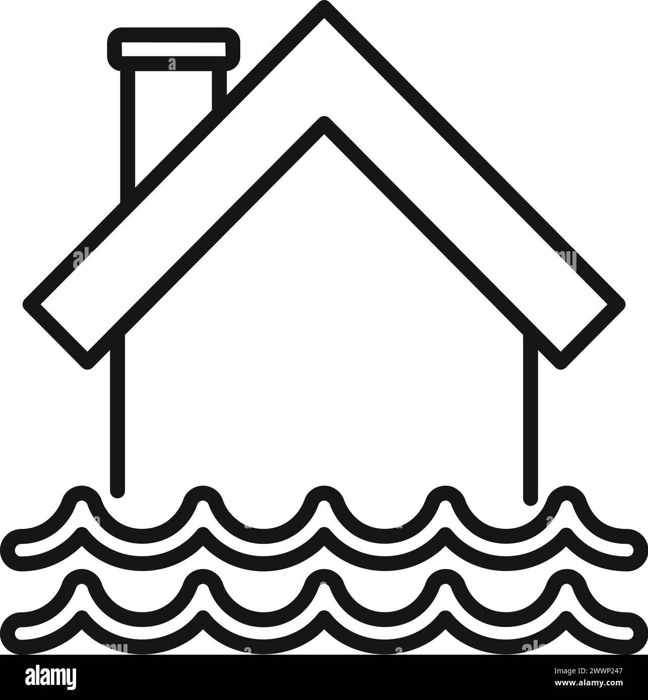 Haus in Flut Symbol Umrissvektor. Globaler Klimawandel. Küstenrisiko Stock Vektor