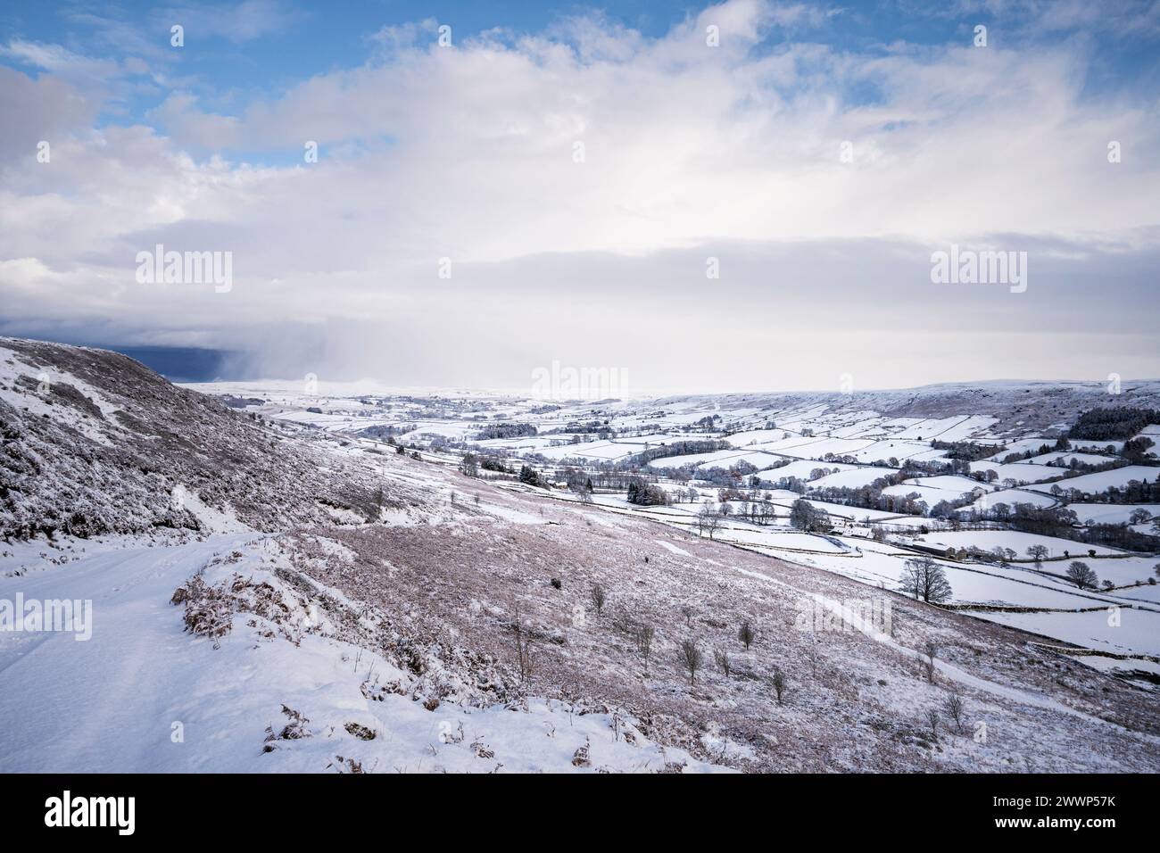 Schnee in Danby Dale, von Castleton Rigg aus gesehen. Stockfoto