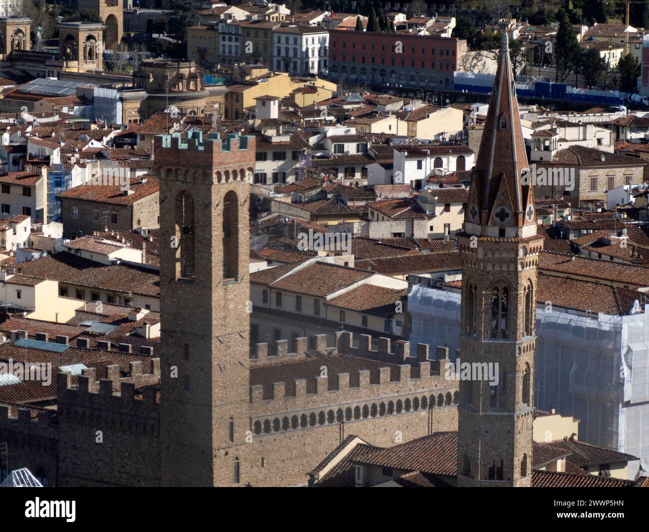 Bargello Palace Florenz aus der Vogelperspektive vom giotto Turm Detail in der Nähe der Kathedrale Santa Maria dei Fiori, Brunelleschi Dome, Italien Stockfoto