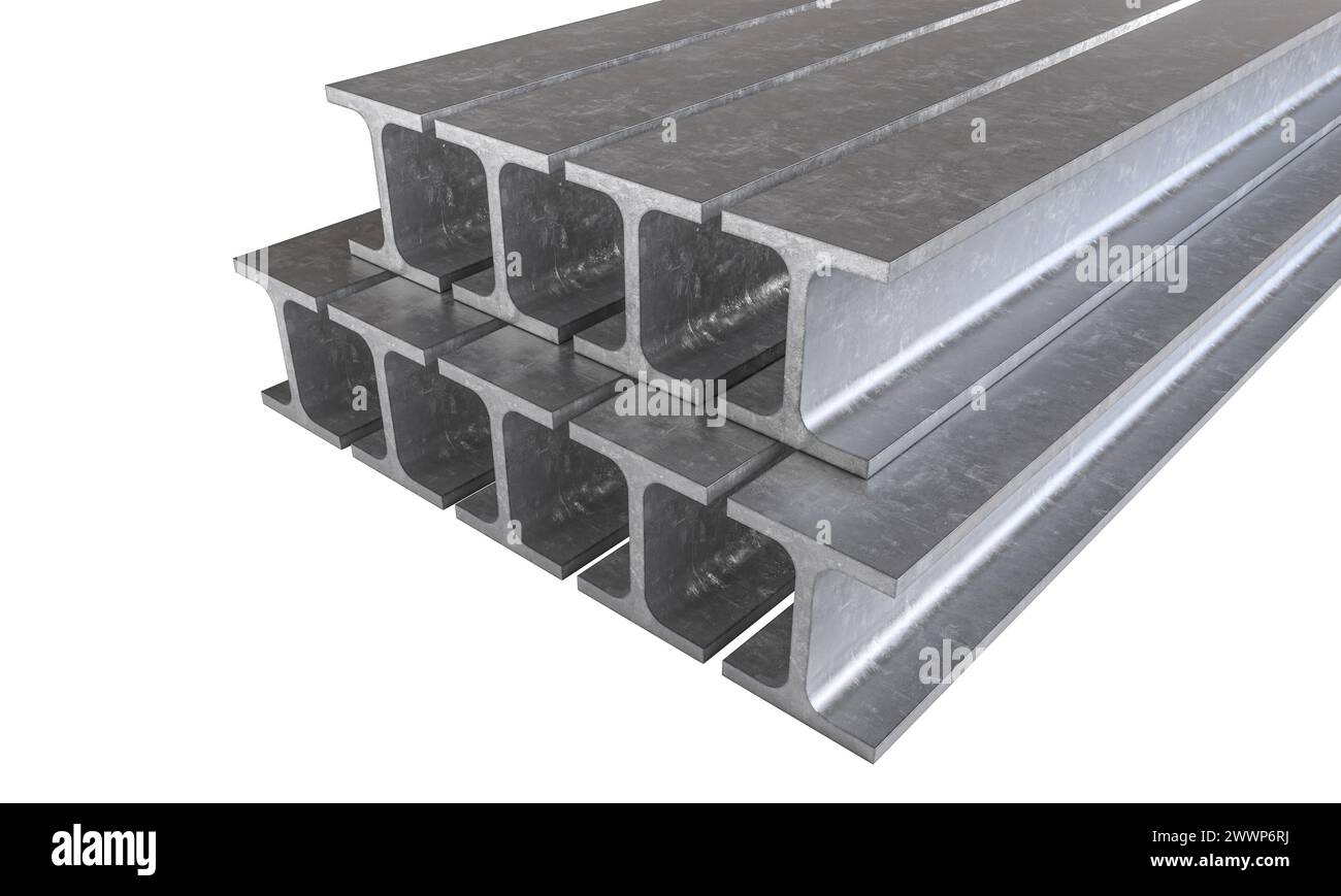 Isolierter Haufen verzinkter Stahlträger. 3D-Rendering Stockfoto