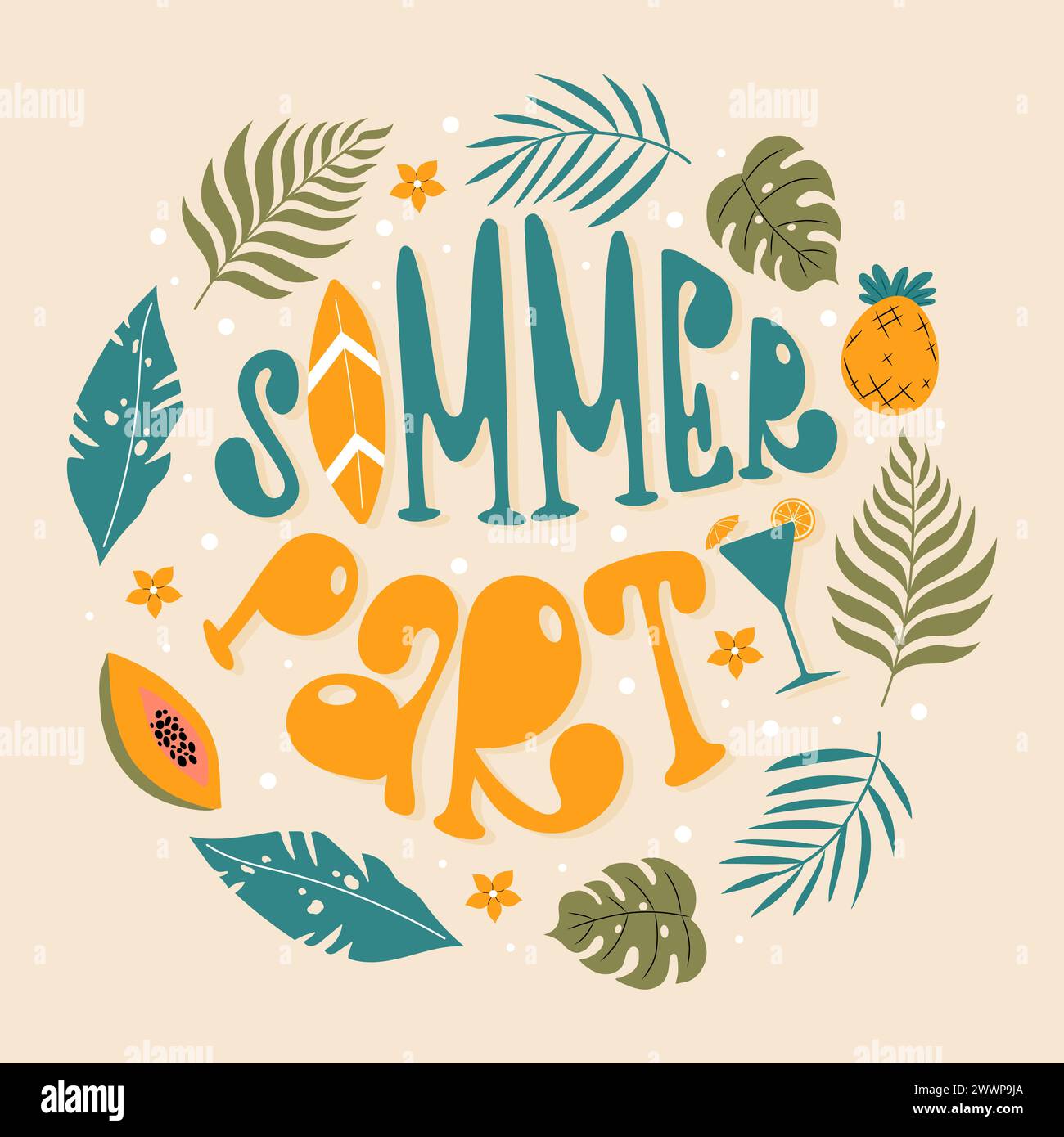 Farbenfrohes, handgezeichnetes Poster für die Sommerparty mit Palmblättern, Papaya, Ananas, Blumen und Surfbrett. Stock Vektor